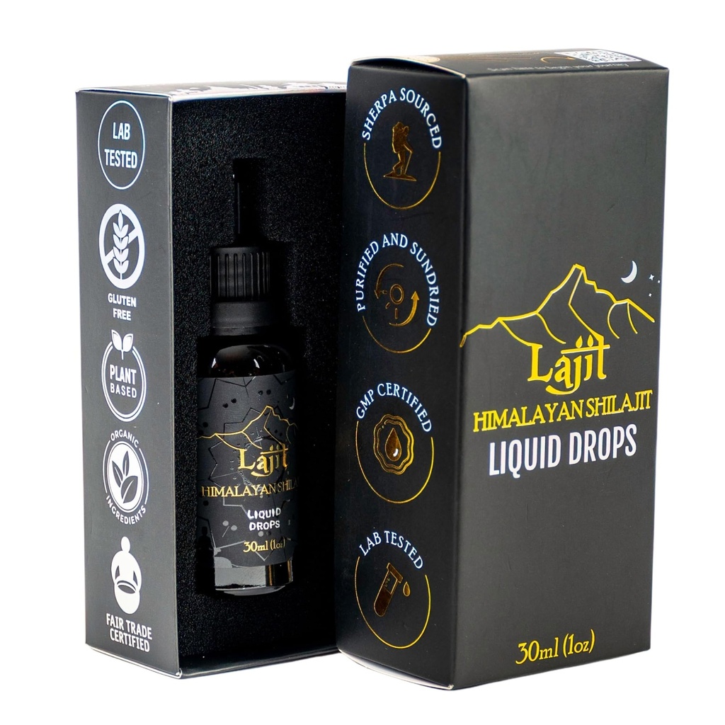 Lajit Gold Grade Himalayan Shilajit Liquid Drops – Organic, Sun-Dried – Bioavailable Nutrients - Fulvic Acid, 85+ Trace Minerals – Lab Tested for Men & Women – Natural Energy, Immunity, Strength– 30ml