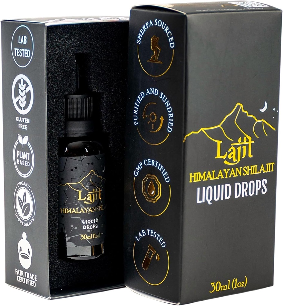 Lajit Gold Grade Himalayan Shilajit Liquid Drops - Organisk, Sun-Dried - Bioavailable Nutrients - Fulvic Acid, 85 + Trace Minerals - Lab Testad för Män & Kvinnor - Naturenergi, immunitet, styrka - 30ml