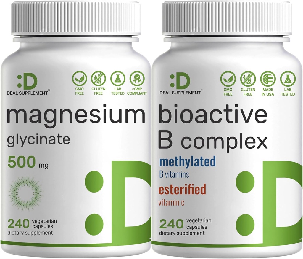 Magnesium Glycinate 500mg Veggie Capsules " Bioactive Vitamin B Complex Bundle Pack – Easily Absorbed Chelated Mineral – Immune, Energy, " Metabolism supplement