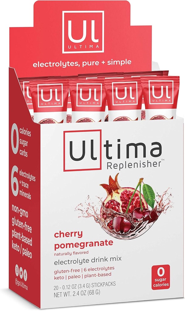 Ultima Replenisher Electrolyte Hydration Drink Mix, Cherry Pomegranate, 20 Servering Stickpack Box, ingen socker, inga kolhydrater, inga kalorier, Keto, Gluten-Free, Non-GMO, Vegan