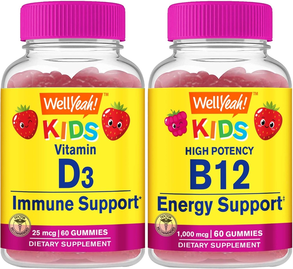 WellYeah D3 vitamin Kids + B12 vitamin Gyerekek, Gumicukorkák Bundle - Nagy ízű, vitamin kiegészítés, Gluten mentes, GMO mentes, rágógumi