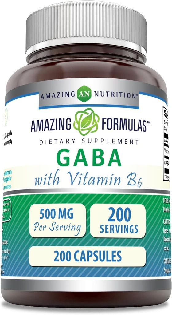 Úžasné efekty GABA s vitaminem B6 dodatek 124; 500 Mg Per servírování 124; 200 Kapsle 124; Non- GMO PHARMAD 124; gluten zdarma 124; Made in USA