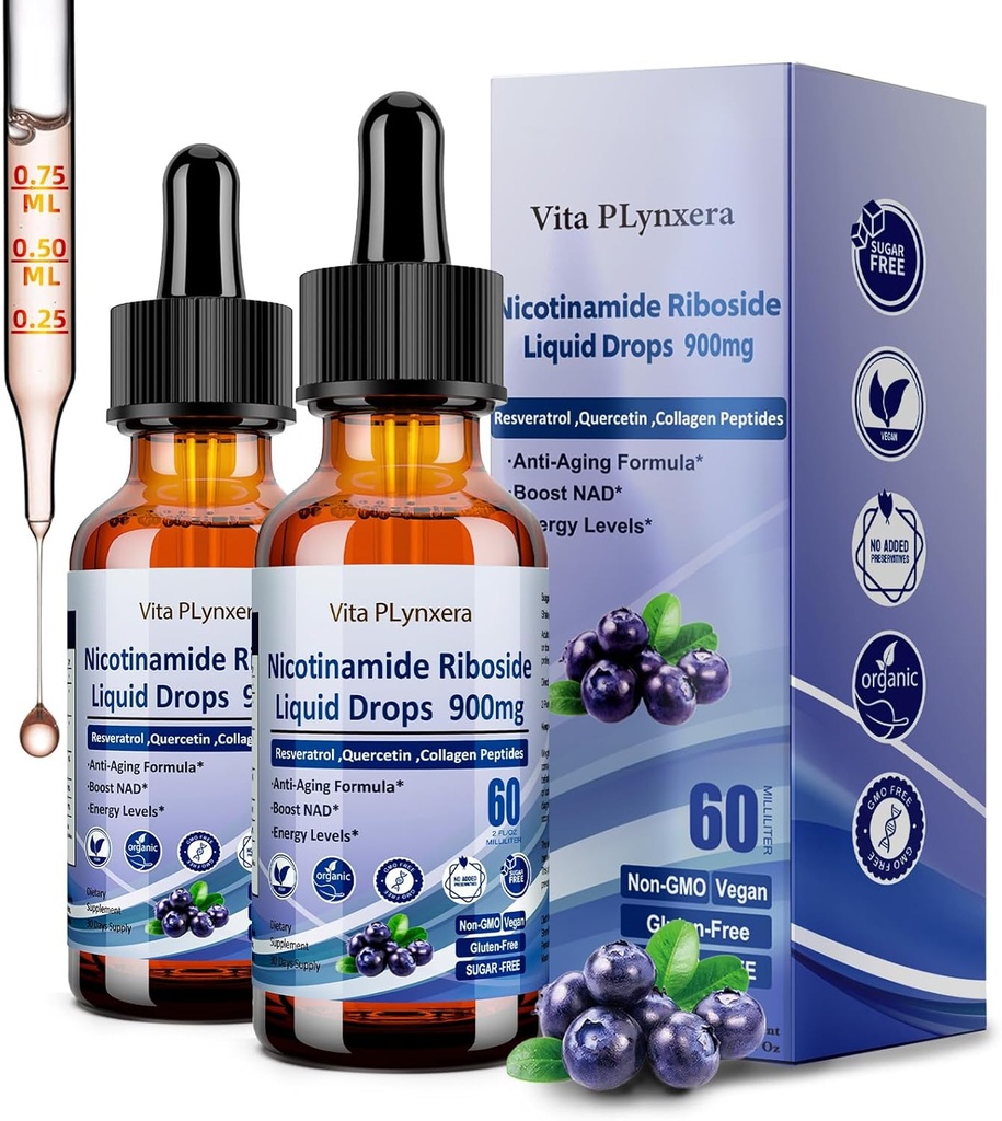 2 Pack Suppléments NAD pour femmes et hommes, NAD Nicotinamide Riboside Resvératrol 900mg & Quercetin, Niacine, Collagène, Biotine, Liquid NAD Plus Supplément NR900 Pour Anti-Aging Skin Energy Longevity Focus
