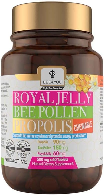 BEE a You Royal Jelly + Propolis + Bee Pollen Chewable Tablets - High Potency - No Artificial Flavor/Preservatives - No Added Sugar- No Soy/Milk/Gilatin/GMO/Gluten, 500 mg x 60 Tablets