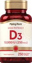 Piping Rock Vitamin D3 10000 IU | 250 mcg | 250 Softgels | High Potency | Non-GMO & Gluten Free Supplement