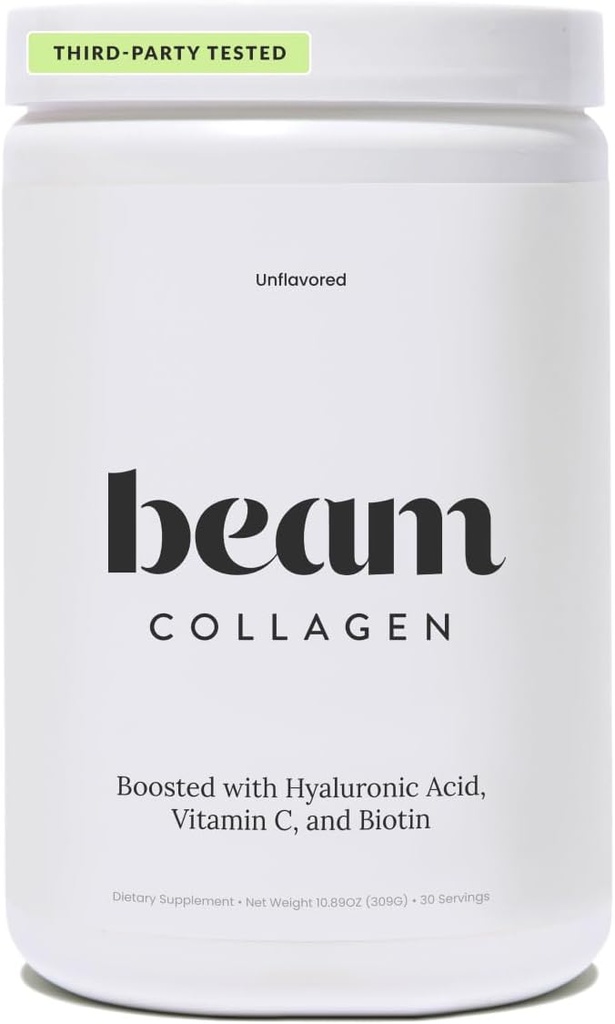 Beam Collagen Powder, Collagen for Women, Collagen with Hyaluronic Acid, Collagen Peptides Tipo 1 y 3, con Biotina, Grass Fed Bovine, Third-Party Tested, Best for Coffee, Vitamin C, 30 Servings