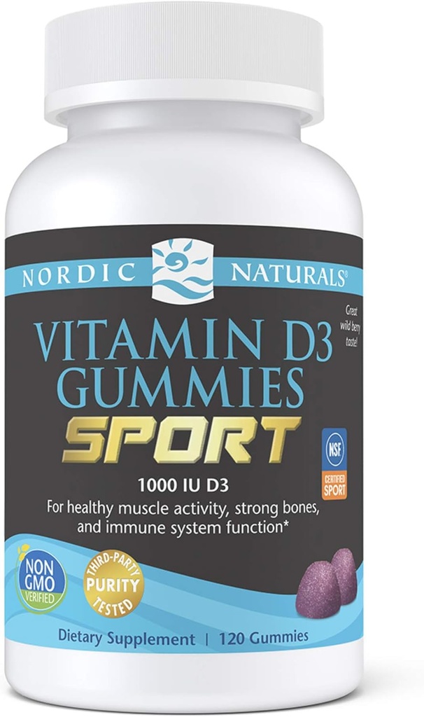 Nordic Naturals Vitamin D3 Gummies Sport, Wild Berry - 120 Gummies - 1000 МЕ Vitamin D3 - NSF Certified - Healthy Bones, Mood & Immune System Function - Non-GMO - 120 Servings