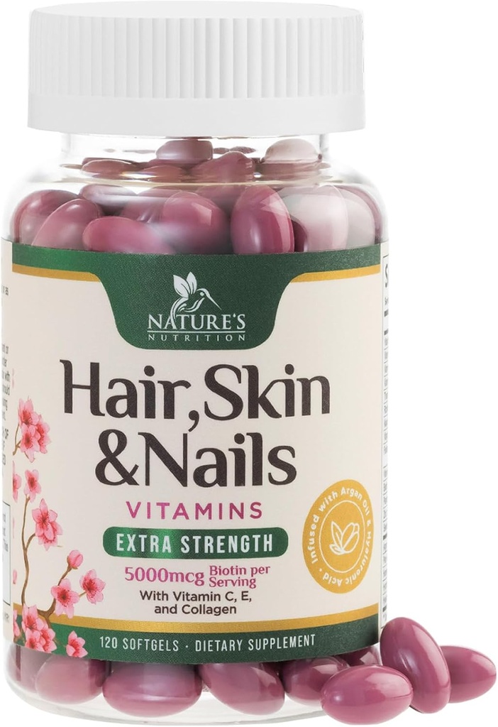 Vitamines pour les cheveux, la peau et les ongles pour les femmes - Biotin 5000mcg pour soutenir la croissance des cheveux avec huile d'argan, collagène et acide hyaluronique, belle peau, plus forte, cheveux et ongles supplément vitamine - 120 Softgels