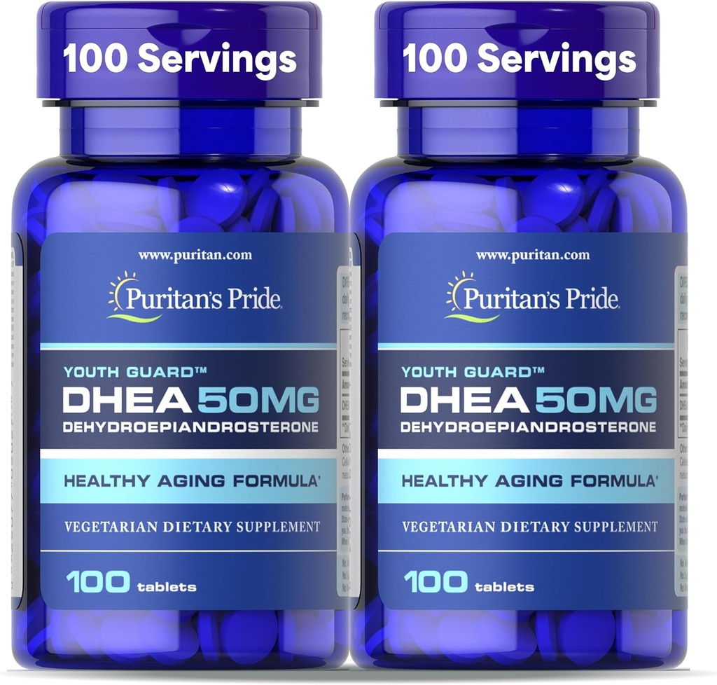 Puritan's Pride Youth Guard DHEA per le donne e gli uomini 50mg, supplemento dietetico per l'invecchiamento sano, alimentazione di 3 mesi, 100 compresse, 2 Pack