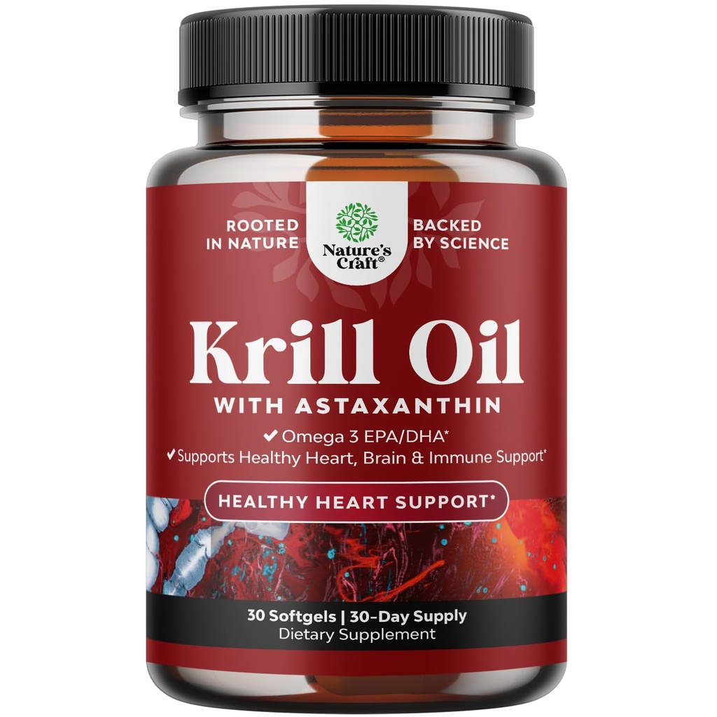Krill Omega 3 Fish Oil Softgels - Concentrated Krill EPA & DHA Fish Oil Omega 3 Supplement for Women & Men for Immune Support, Healthy Brain & Heart Health - Burpless Fatty Acids Supplement - 30 Count