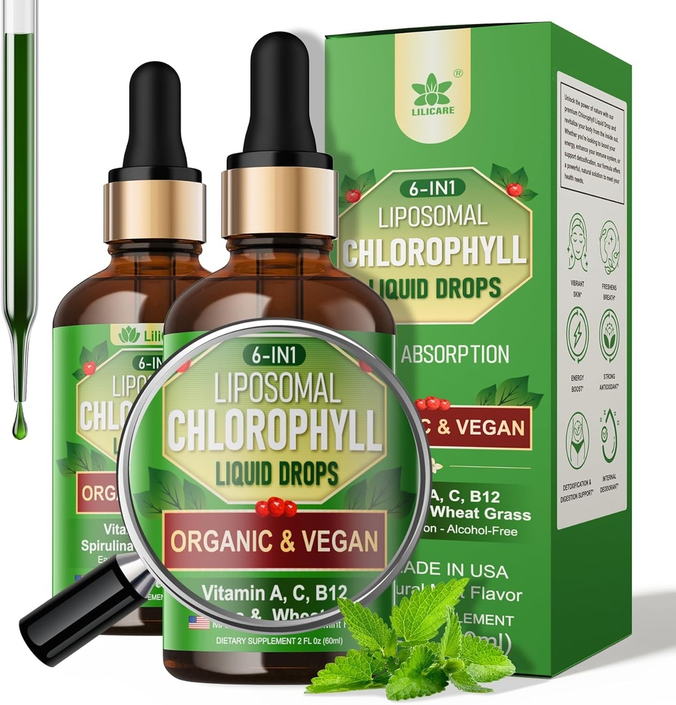 有机氯脂液滴 男女脂液滴,6-in-1 绿色超食品 Vegan Chlorophyl w/Spirulina,小麦草,体内除臭剂维生素C B12 A,能源,Digestive 2Packs/4 Fl Oz