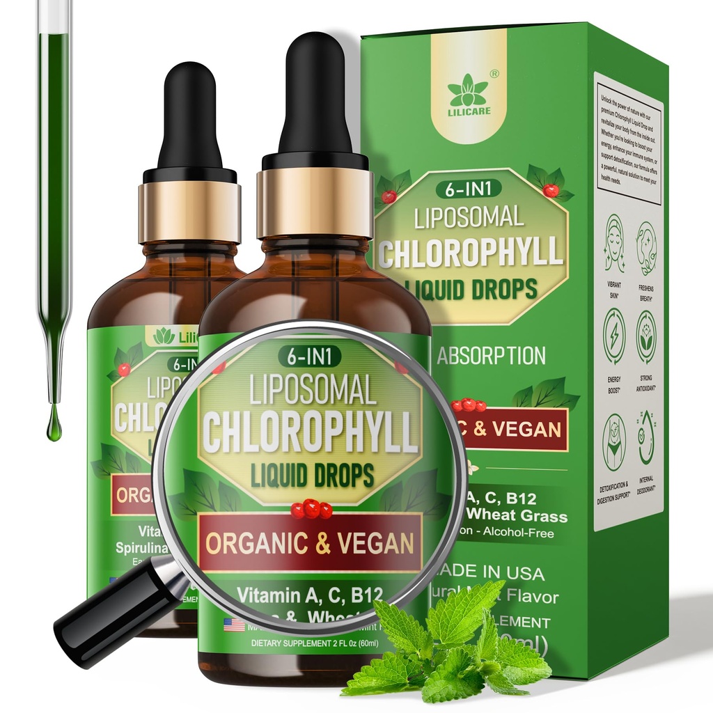 Organic Chlorophyll Liquid Drops Liposomal for Women & Men, 6-in-1 Greens Superfood Vegan Chlorophyll w/Spirulina, Wheat Grass, Vitamin C B12 A for Internal Deodorant*, Energy,Digestive,2Packs/4 Fl Oz