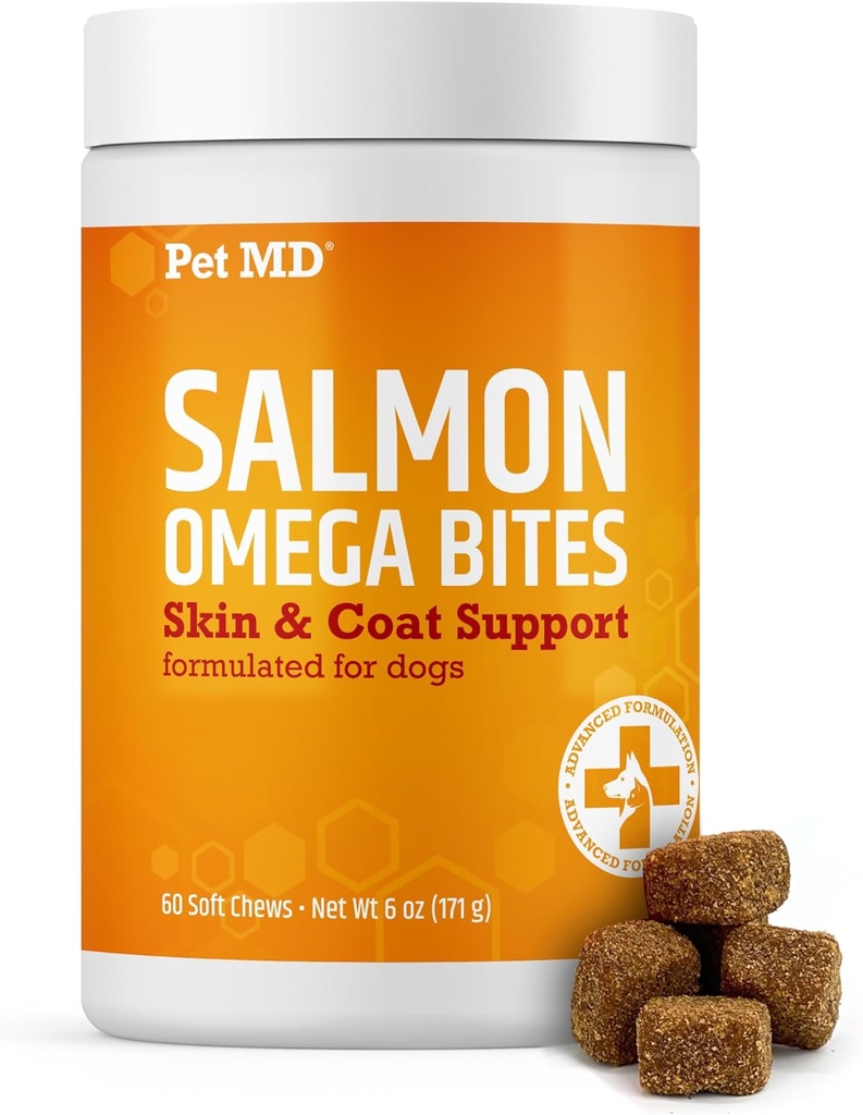 Pet MD Lašu omega Bites suņiem - Ādas un Apvalka papildinājums ar Omega 3 & 6 suņiem Plus DHA & EPA - veicina alerģija un sausa āda Relief - 60ct