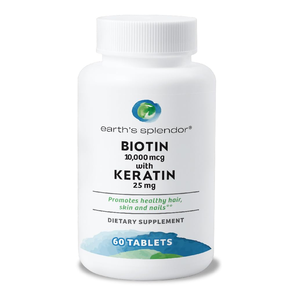 Earth's Splendor Biotin 10,000 mcg + Keratin 25mg, Promotes Healthy Hair, Strong Nails and Skin Support, 60- Day Supply