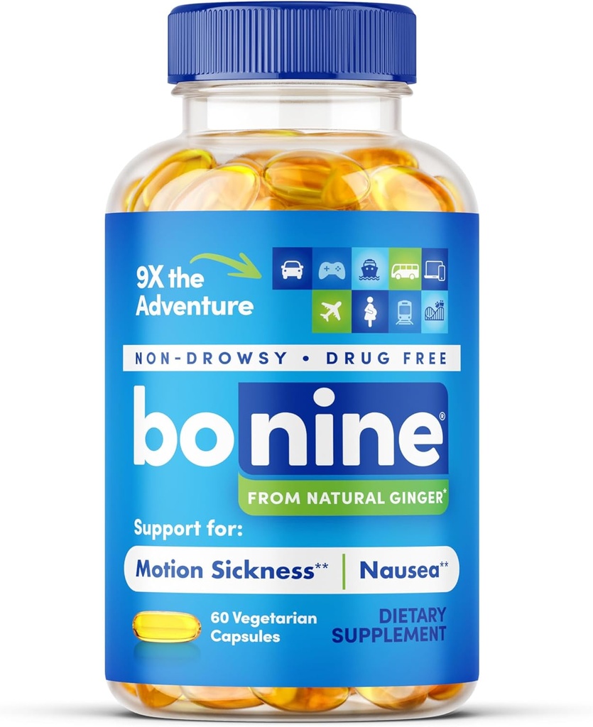 Bonine Ginger Root Extract Liquid Capsules - Non-Drowsy Motion Sickness Relief - 40 mg Ginger Supplement für Morning Sickness & Nausea Relief - Cruise Ship Essentials - 60 Kapseln