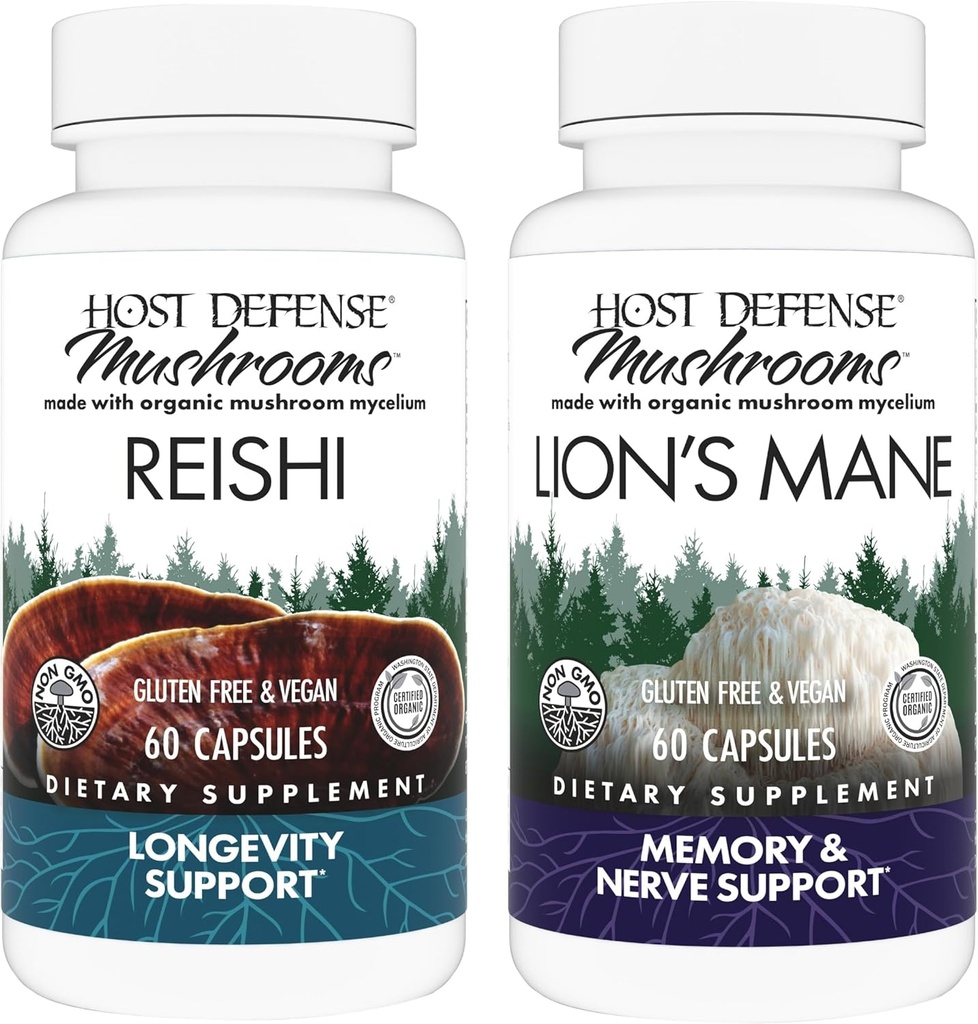 Host Defense Bundle med Reishi Capsules, 60 Count & Lion's Mane Capsules, 60 Count - Support Heart & Immune Health - Support Brain Health, Memory & Focus