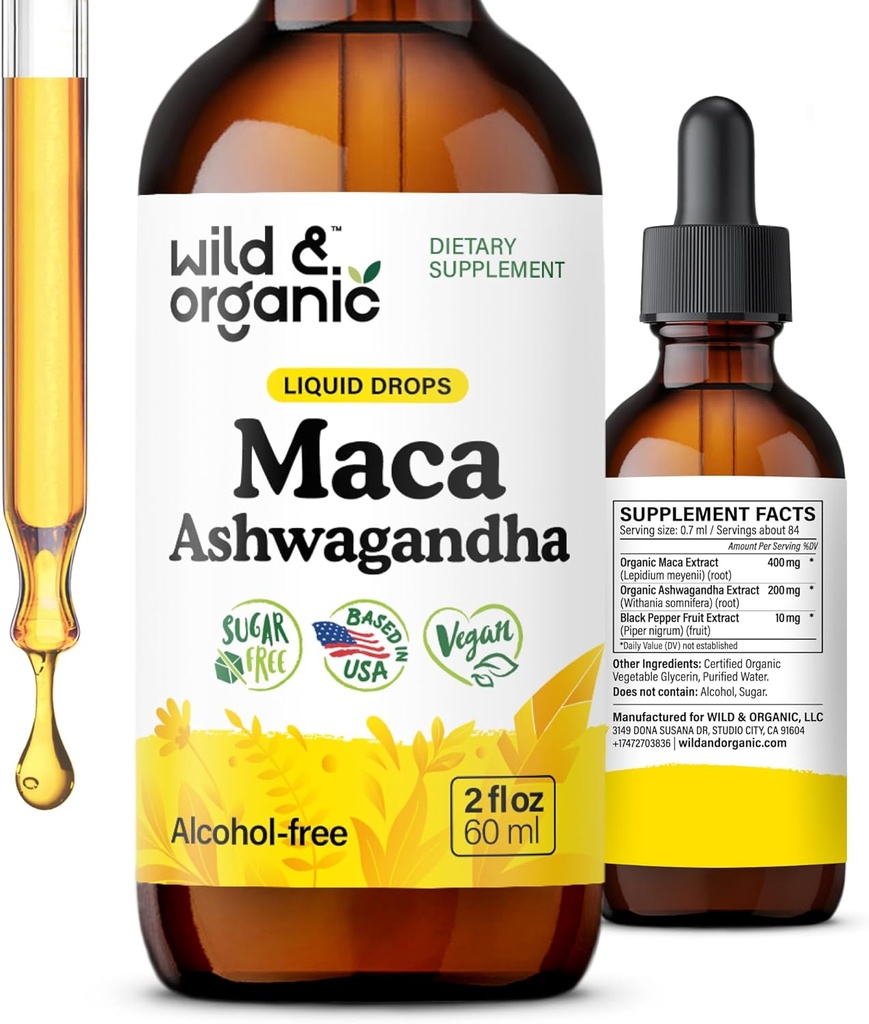 Maca Ashwagandha deixa caure per homes i dones peruana Maca Root i Ashwaganha Tint per a suport global - Vegan, Sugar i Alcohol-Free Extra suplementari - 2 fl oz