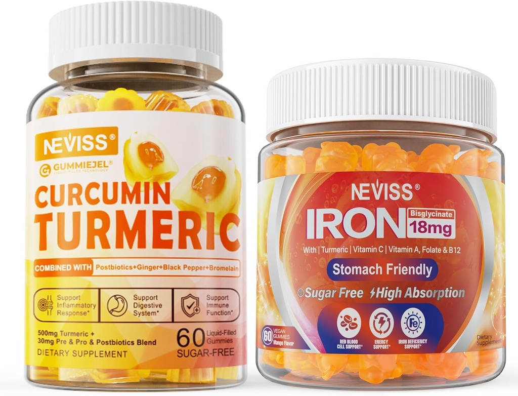 Sugar Free Turmeric Curcumin Filled Gummies 550mg for Adults, Vegan Iron Gummies Supplemen Vitamin C