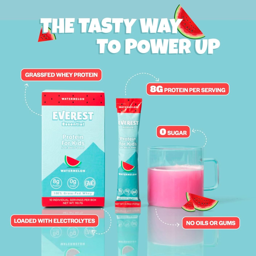 Everest Essential, Kid's Clear Whey Protein Powder (Watermelon, 10 Packets) Protein Drink Mix for Kids, Electrolytes for Kids, 8g Protein Per Serving, Non OGM, Zero Aggiunto Sugar
