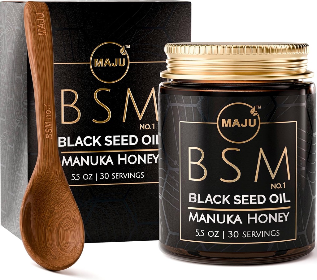 MAJU'nun 3-in-1 Black Seed Oil, Manuka Honey & Seeds (Traditional Style) BSM no. 1, Sweet & Crunchy Herbal Mix, Nigella Sativa Oil and Seeds, Unpasteurized & Raw Monofloral Manuka Bal Yeni Zelandiya