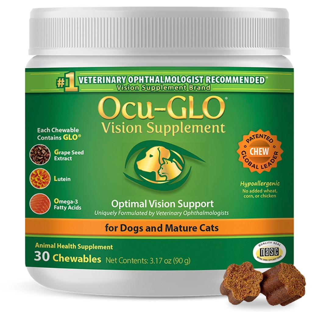 Ocu-GLO Cat & Dog Supplement for Eye Support - Chewable Vision Vitamins Supplements for Large and Small Pets Care with Lutein, Omega-3 Fatty Acids, Grape Seed Extract & Antioxidants