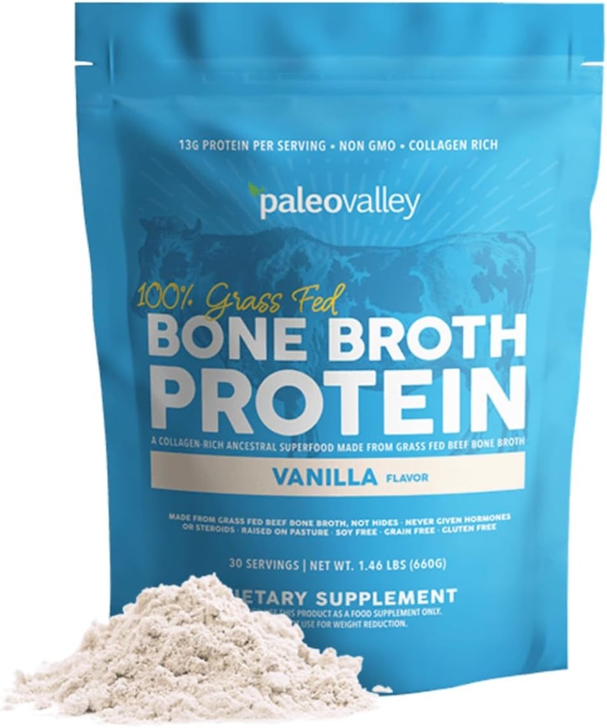 Paleovalley 100% Feed Feed Beef Bone Broth Protein Powder - Rico em Colágeno Peptídeos para Cabelo, Pele, Gut Health, Bone and Joint Support - 15g Protein Per Serving - Sem Glúten ou OGM - Baunilha