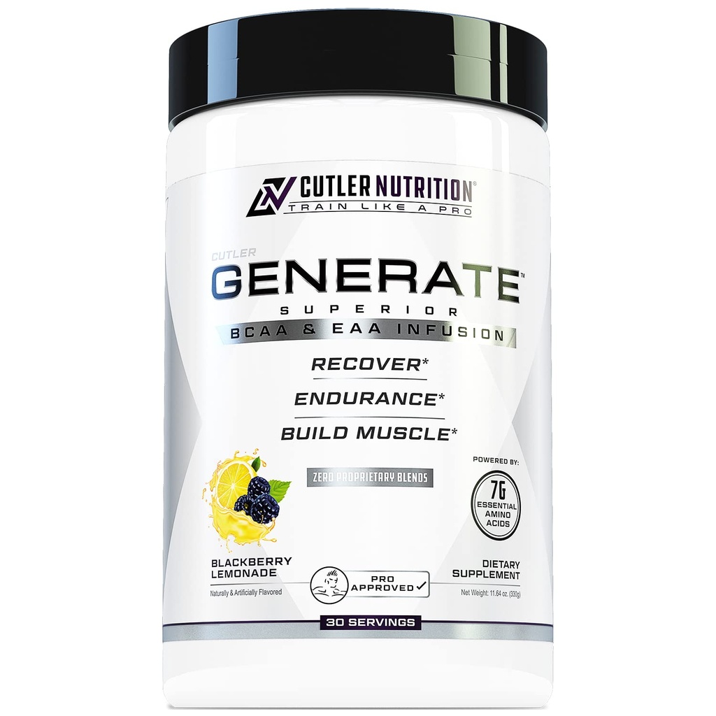Generate EAA and BCAA Powder: Best Post Workout Recovery Drink and Branched Chain Amino Acids Supplement with Essential Amino Acids, 5g BCAAs, 2g EAAs | BlackBerry Lemonade, 30 Servings