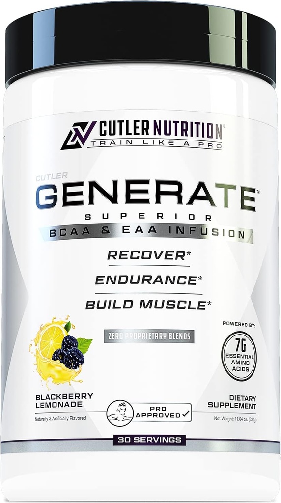 Generate EAA och BCAA Powder: Best Post Workout Recovery Drink och Branched Chain Amino Acids Supplement med Essential Amino Acids, 5g BCAAs, 2g EAAs | BlackBerry Lemonade, 30 Servings