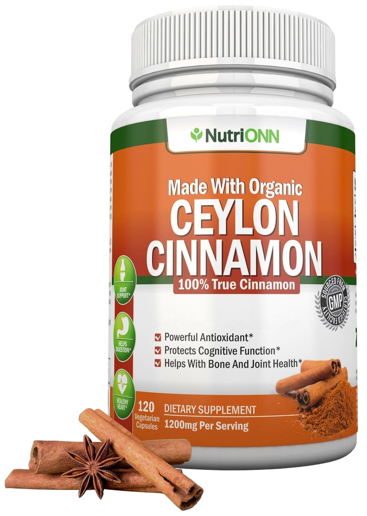 NutriONN Organic Ceylon Cinnamon 1200 mg | 120 Vegan Capsules | True Cinnamomum verum from Sri Lanka | Non-GMO, Third-Party Lab Tested, Low Coumarin, GMP Certified