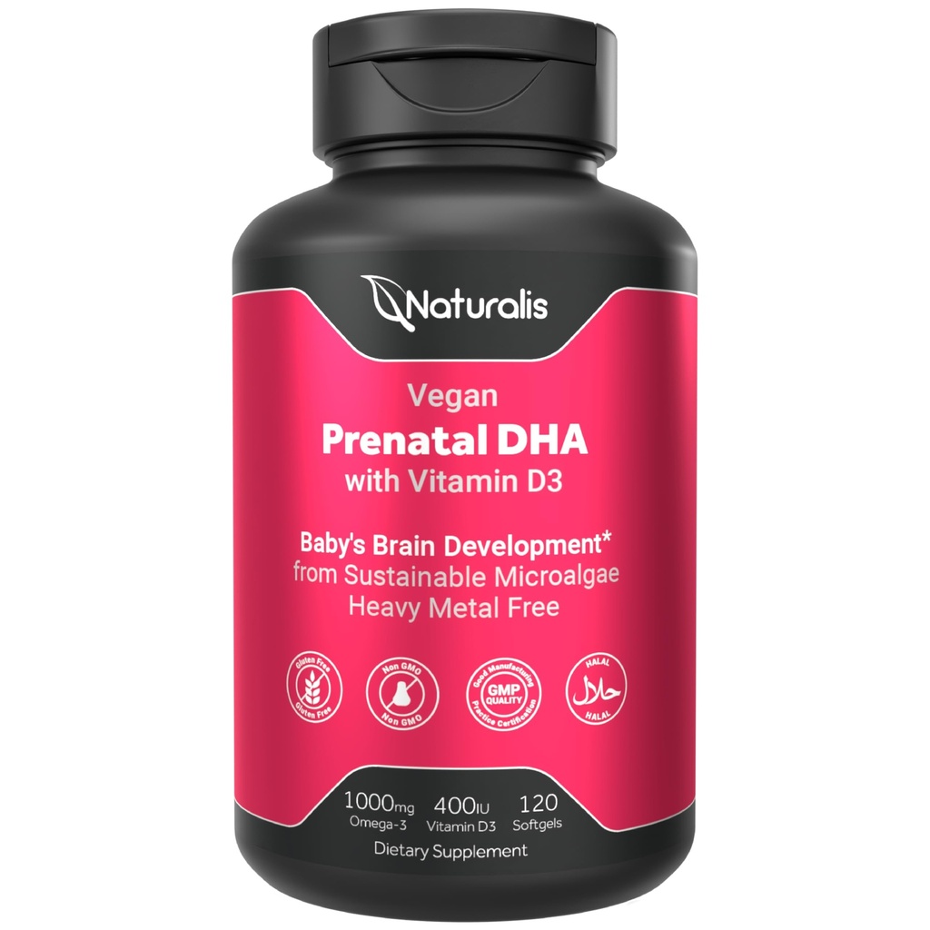 Naturalis Vegan Prenatal with Full Specrum Omega-3 | Algae DHA, EPA, DPA, Vitamin D3 & Active Folic L 5-MTHF | Vegan Society Certified, Sustainably Sourced, Non-GMO & Soy Free | 120 Veggie Softgels
