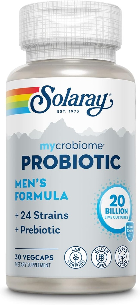 SOLARAY Mycrobiome Probiotic Men’s Formula, Probiotics for Men, Gut Health, Digestion, Immune Function " More, 20 Billion CFU Mens Probiotic, 24 Strains Plus Prebiotic, 30 Servings, 30 VegCaps