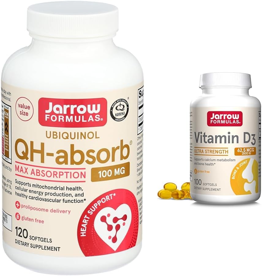 Jarrow Formulas QH-Absorb 100 mg Max Absorpsi - CoQ10 Ubiquinol & Vitamin D3 62,5 mcg (2.500 IU) - 100 Servings (Softgels)