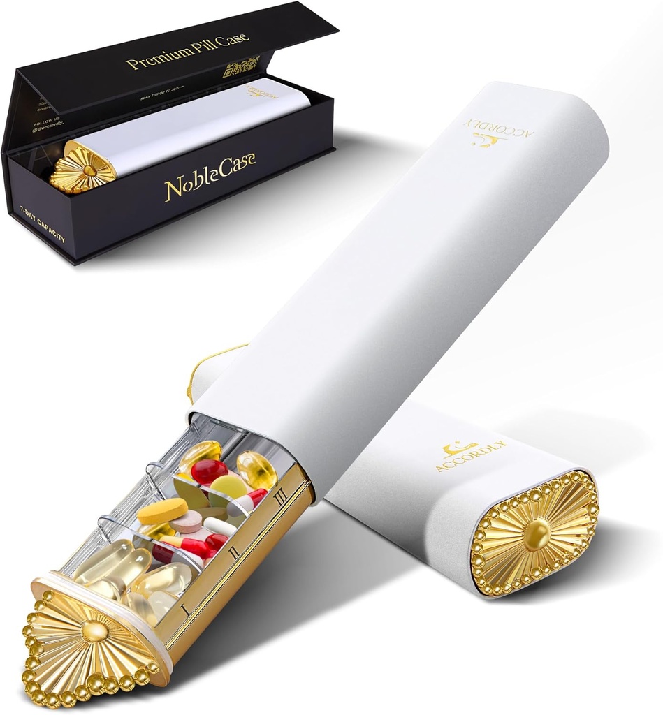 Premium Weekly Pill Organizator, 7-Day Compact Pilula Case pentru Purse, Lightweight Gold Aluminum Pilula pentru vitamine, Medicina, Suplimente, Cadou de wellness de lux