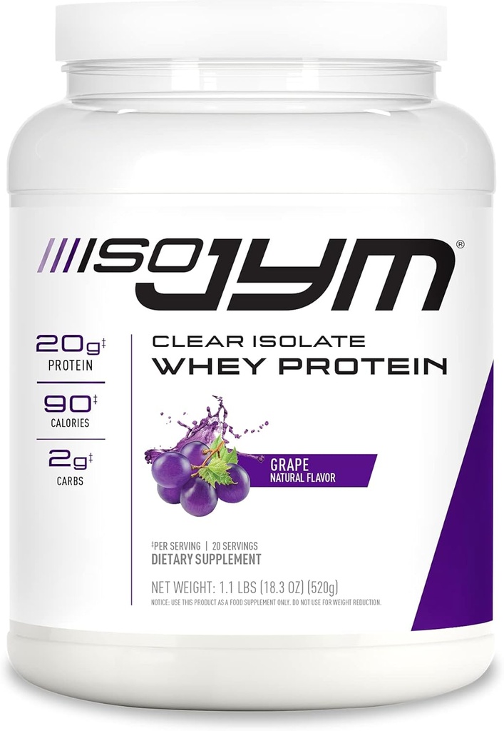 Suplemento JYM Ciencia Iso JYM Grape, 90 calorías, 100% de proteína de soro isolato, Zero Fat, Zero Sugars, Mixes Clear, para mulleres e homes, 20 servizos