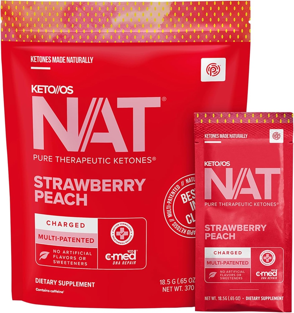 Pruvit - Keto / / OS NAT - Truskawkowy napój peach z C- Med 100, L- Tauryn, Witaminy B6 & B12, Suplement Ketonowy - 18.5g