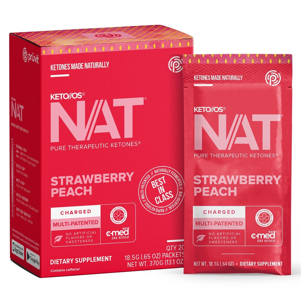 Pruvit - Keto//OS NAT - Strawberry Peach Charged Drink Mix with C-Med 100, L-Taurine, Vitamins B6 & B12, Ketone Supplement - 18.5g