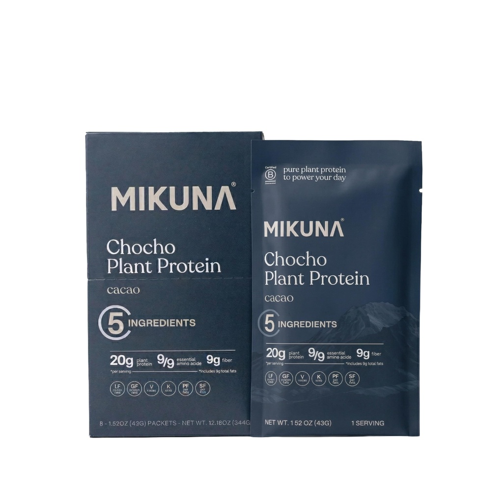 Mikuna Cacao Chocho Protein Travel Packs - 5 Ingredients, Non-Isolate, Lectin Free Vegan Protein - 20g Protein, 8g Fiber - Dairy Free, Soy Free, Gluten Free, GLP-1 Friendly - 8 Servings
