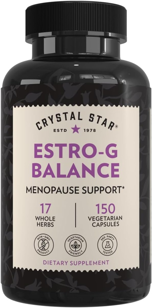 Crystal Star Estro G Balance Supplemento (150 capsule) – Supporto di menopausa di erbe con Cohosh nero, Rehmannia, Damiana & Licorice – Vegetariano & Non OGM