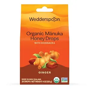 Wedderspoon Organic Manuka Honey Drops, Ginger & Echinacea, 20 Count (Pack of 1) | Genuine New Zealand Honey | Perfect Remedy For Dry Throats