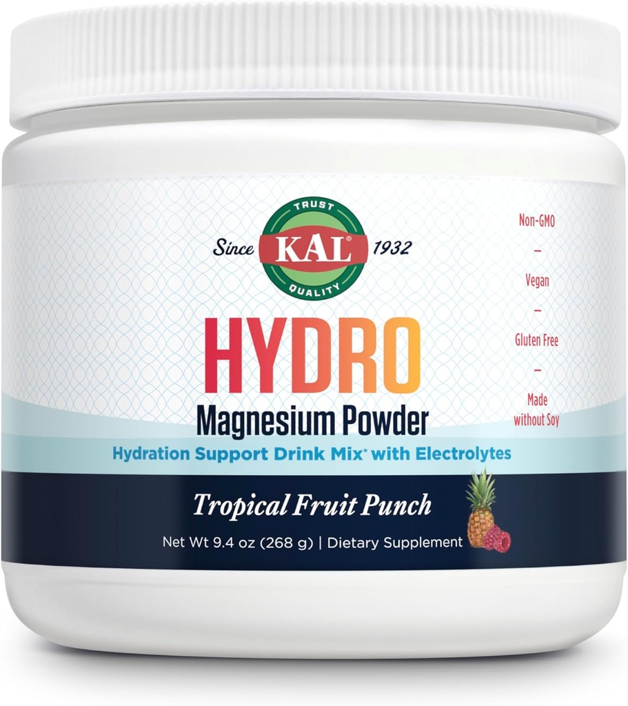 KAL Hydro Magneziu Plus Electroliti Pulbere - Punch de fructe tropicale - Sodiu, Clorura, Suplimentul de potasiu - Hidratare & Energetic Cellular Energetic Drink Mix - No Sugar - 60-Day Guarantee, 50 Servings, 9.4 OZ
