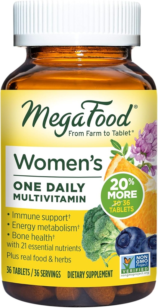 MegaFood Womens Multivitamin One Daily - 여성을위한 Multivitamin - 비타민 C, 비타민 D, 철 및 B 비타민 - 뼈, 에너지 대사 및 면역 지원 - 채식주의, 글루텐 - 36 정제, 36 서빙