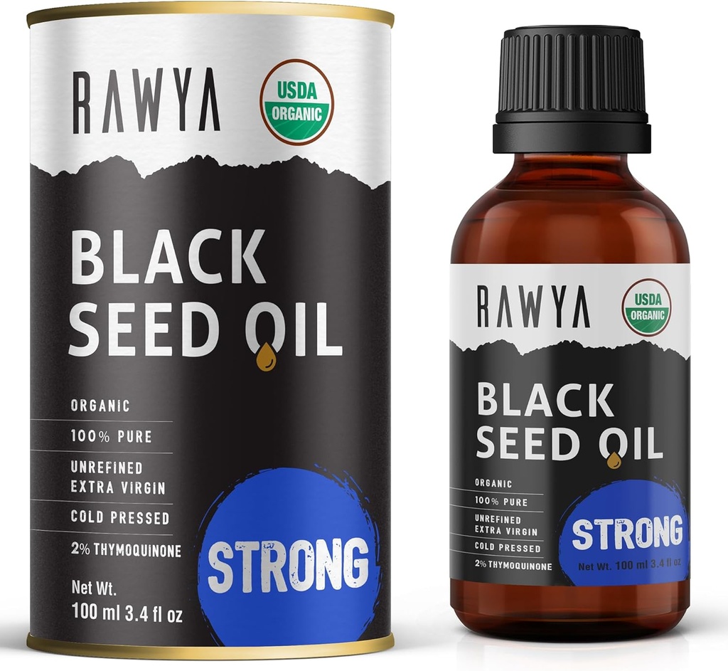 RAWYA Black Seed Oil - gosto extra forte, alto TQ, frio prensado, garrafa de vidro, Nigella Sativa Oil, ótimo para pele & cuidados com o cabelo, Black Cumin Seed, Kalonji, 100% certificado Orgânico - 3.4 Fl Oz,
