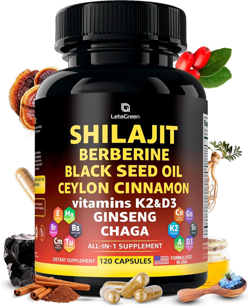 Organica Alajit Capsules amb Black Seud Petroli Berberine Canyella Gangseng Chaga i Taurine A, D3, K2 (120 comte) - All-in- 1 Fulvic Actual Shlajit per homes i dones