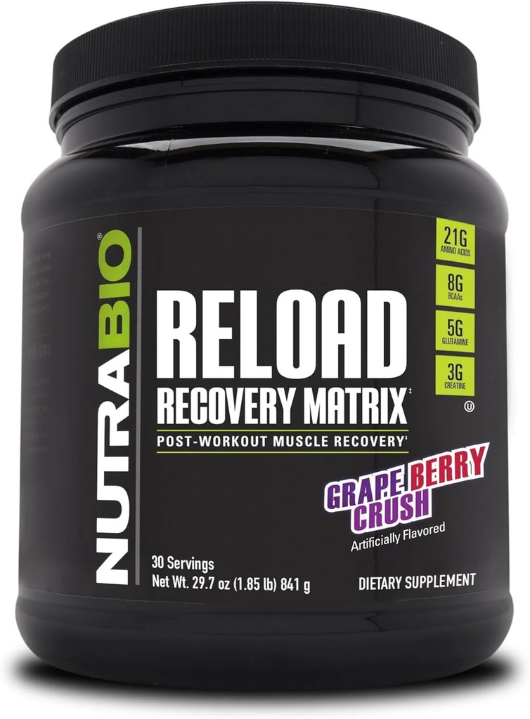 NutraBio Reload - Kraftig muskelgjenvinning formel - Post-Workout Supplement - 3G Creatine - 8G BCAA - 5G Glutamin - 30 Serveringer, Grape Berry Crush