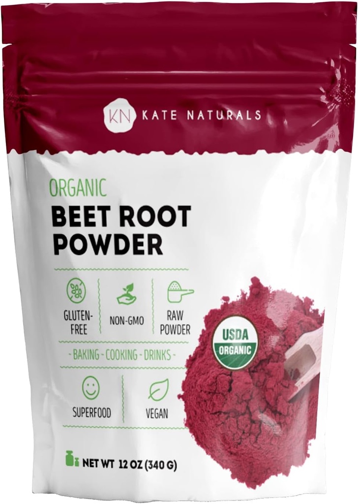Kate Naturals Organic Beet Root Powder for Smoothies, Pečení & Juice. Syrové Beetroot Superfood & přírodní červené potraviny zbarvení (12oz, Non- GMO, Earthy Flavor)