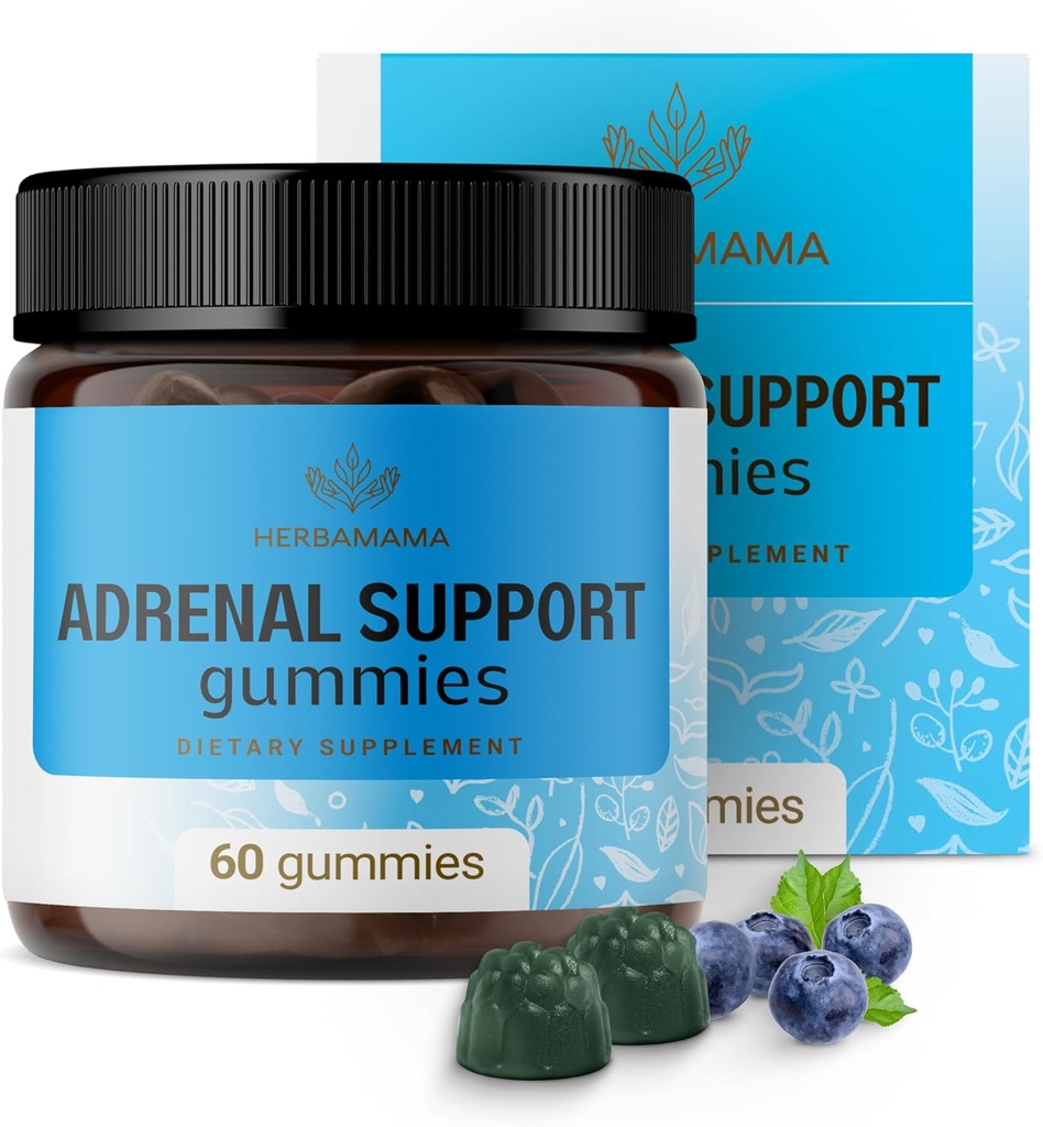 HERBAMAMA Adrenal Support Gummies - Adrenal Complex Pure Ashwagandha Root, Rhodiola Rosea eta Magnesium - Vegan, Ez-GMO - 60 Pectin-Based Blueberry-Flavored Chews