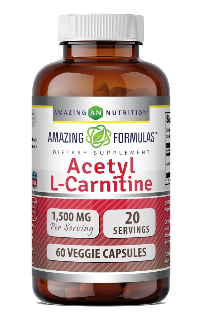 Amazing Formulas Acetyl L-Carnitine Hcl 1500 Mg | Veggie Capsules Supplement | Non-GMO | Gluten-Free | Made in USA (1 Pack | 60 Count)