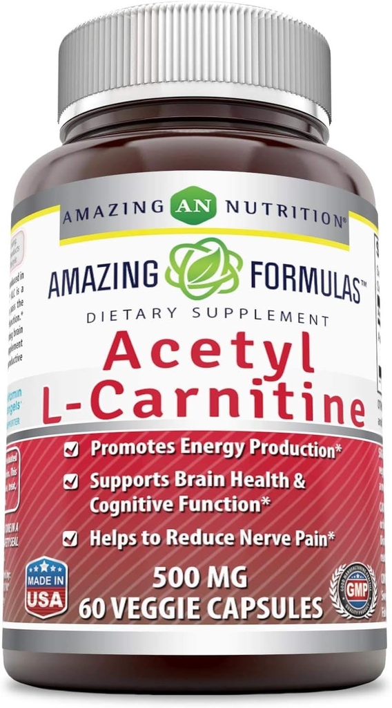 Amazing Supples Acetyl L- Carnitine Hcl Veggie Dietary Supplement - 500 Mg, Veggie Capsules (Non GMO, Gluten Free) Per Bottle - Promotes Energy Production & Cognitive Function (60 Count)