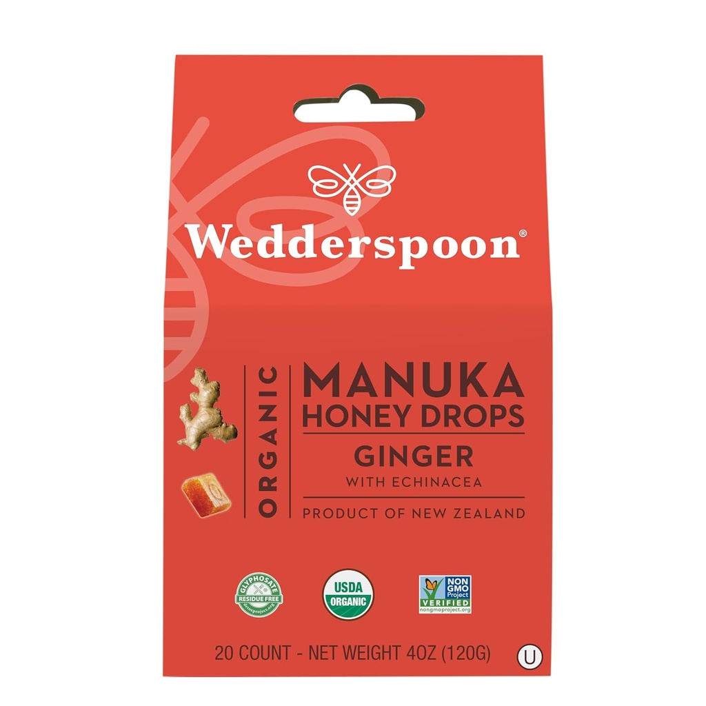 Wedderspoon Organic Manuka Bal Drops, Ginger & Echinacea, 20 Şərh (Böyük 1) | Orijinal Yeni Zelandiya Bal | Dry Throats