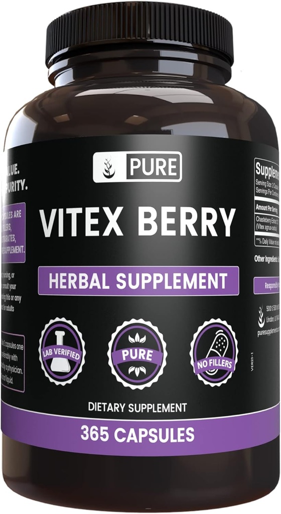 Ingrédients originaux purs Vitex Berry (Chasteberry) (365 Capsules) Pas de Magnésium ou de Rice Filters, Toujours Pure, Verified Lab